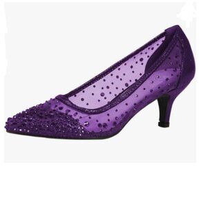 XYD Purple Pointed Toe Slip On Mesh Pumps Rhinestone Studs Kitten Heels Shoes